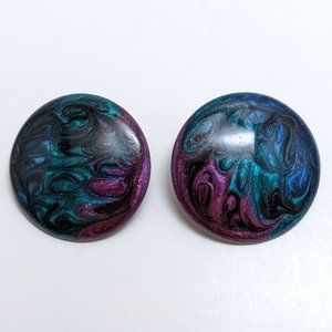 Vintage 90s Oil Slick Iridescent Marbled Enamel Big Earrings Purple Green Blue